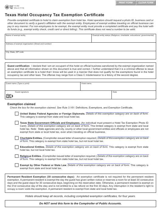 Fillable Texas Hotel Occupancy Tax Exemption Certificate Printable Pdf