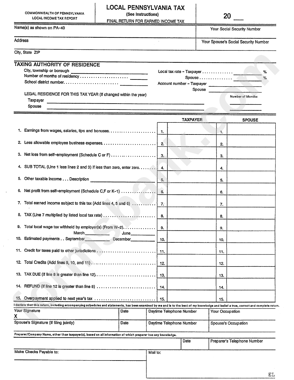 Final Return For Earned Income Tax Form Printable Pdf Download