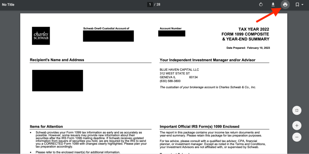Finding 1099 Tax Forms In Schwab Blue Haven Capital
