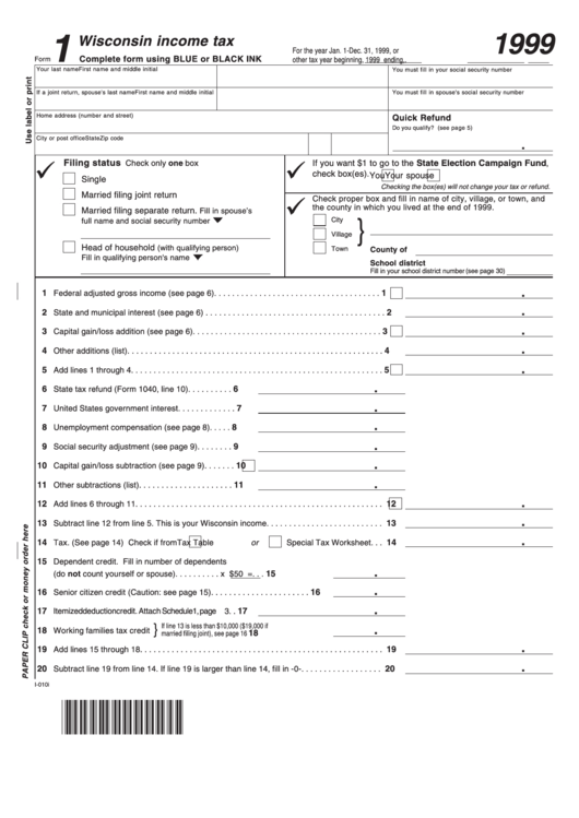Form 1 Wisconsin Income Tax Wisconsin Department Of Revenue 1999 