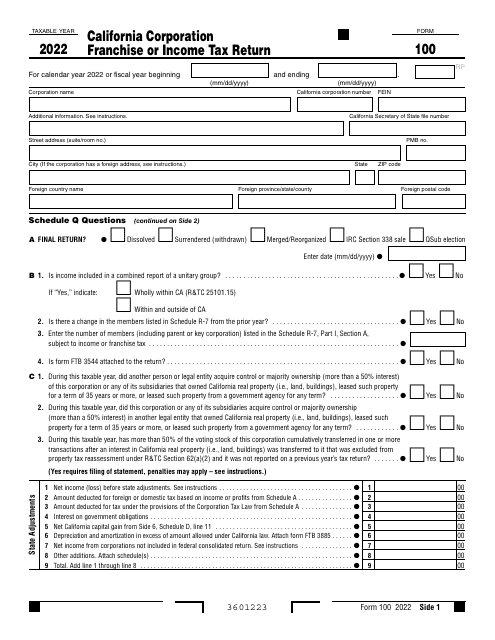 Form 100 Download Fillable PDF Or Fill Online California Corporation 