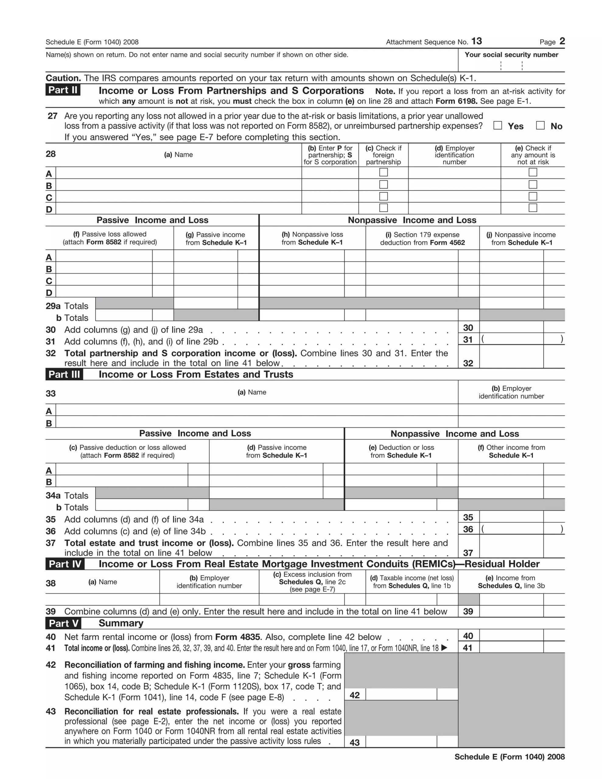 Form 1040 Schedule E Supplemental Income And Loss PDF