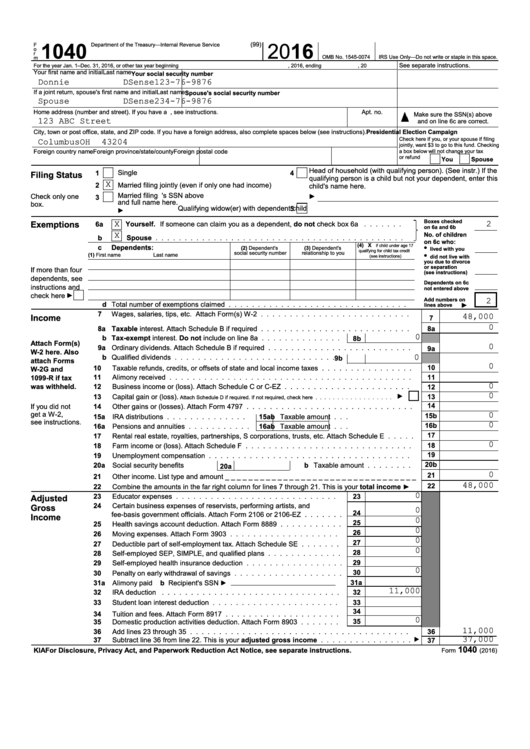Form 1040 U s Individual Income Tax Return 2016 Printable Pdf Download