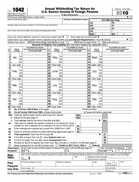 Form 1042 Annual Withholding Tax Return For U S Source Income Of 
