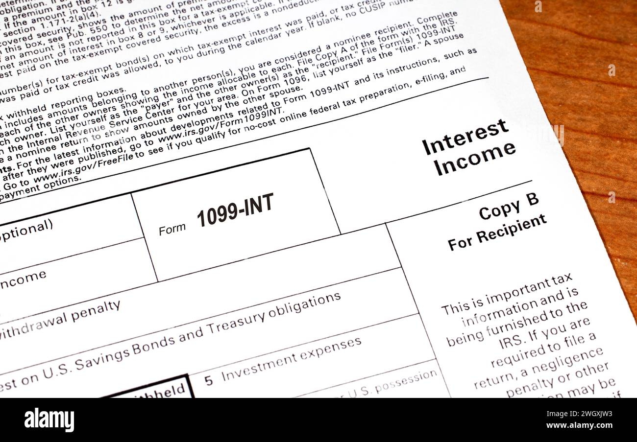 Form 1099 INT Interest Income Tax Reporting Form Stock Photo Alamy