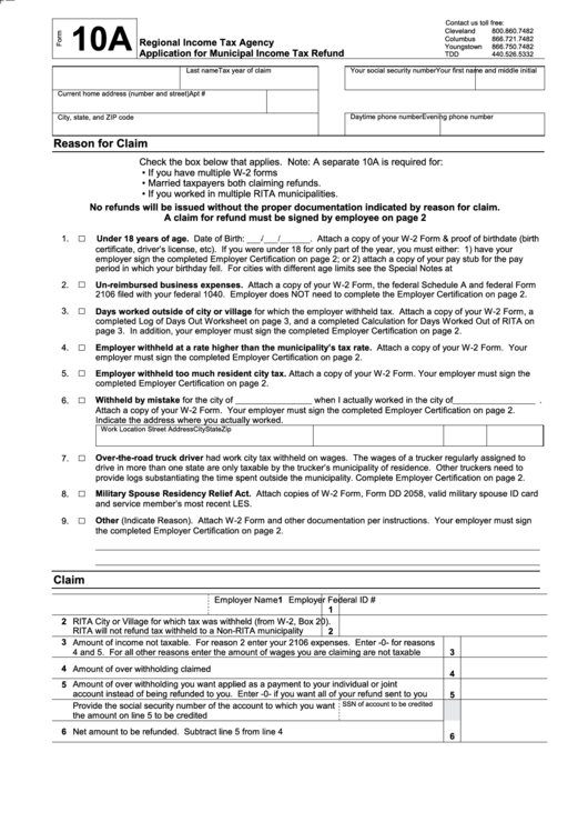 Form 10a Application For Municipal Income Tax Refund Printable Pdf 