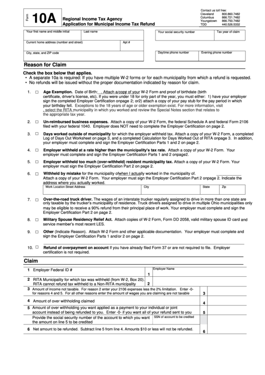Form 10a Regional Income Tax Agency Application For Municipal Income 