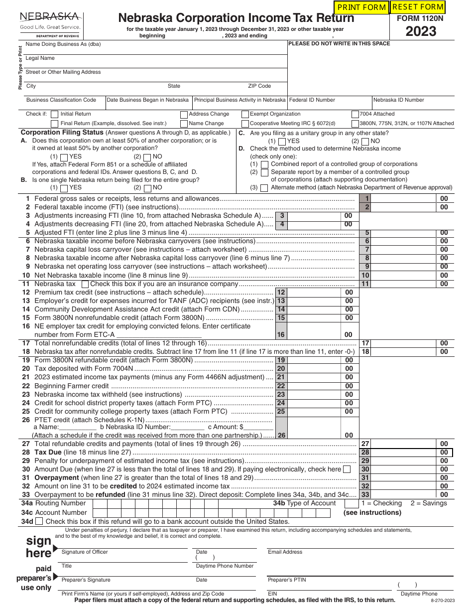 Form 1120N Download Fillable PDF Or Fill Online Nebraska Corporation 