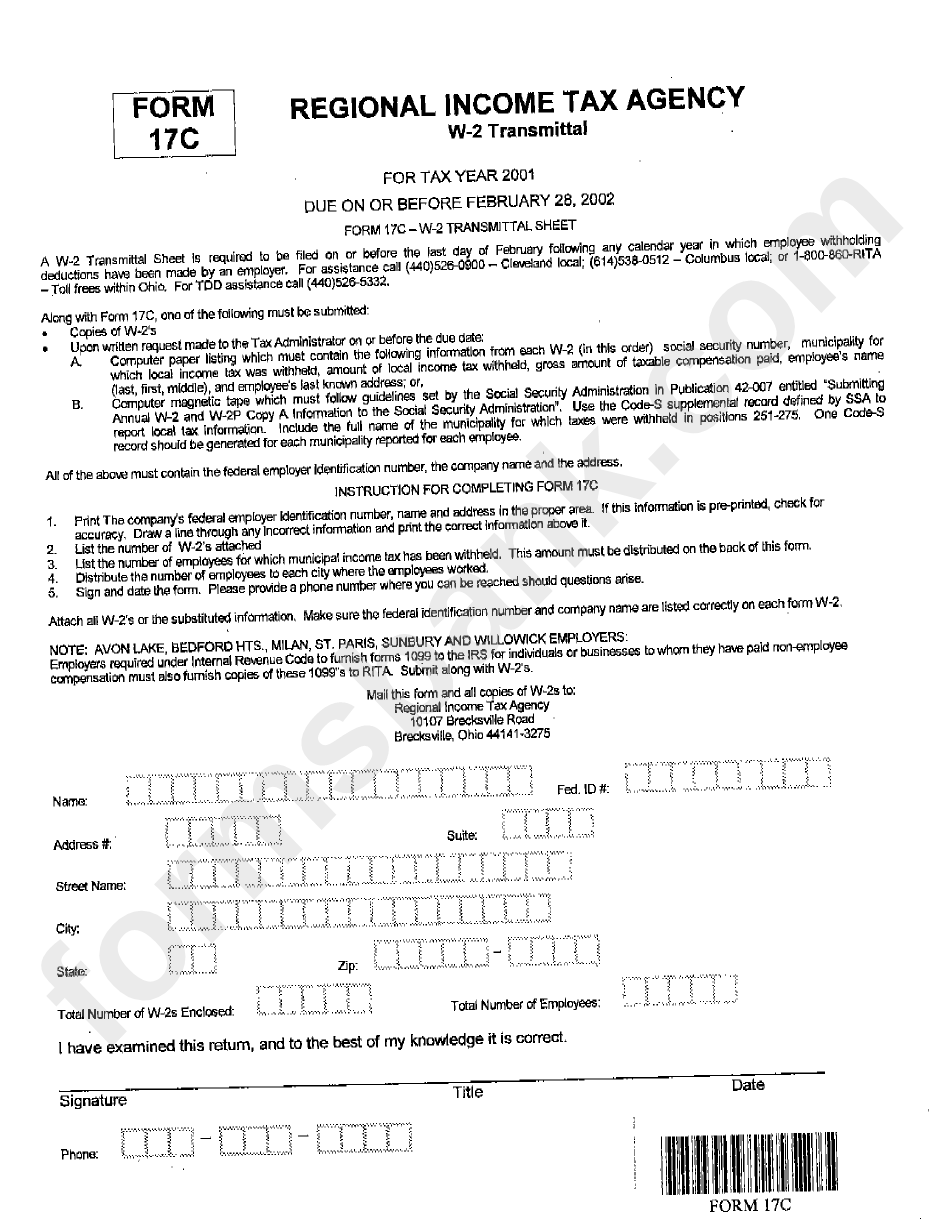 Form 17c W 2 Transmittal City Of Brecksville Ohio Regional Income 