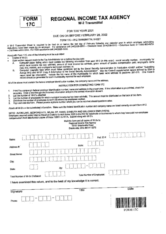 Form 17c W 2 Transmittal City Of Brecksville Ohio Regional Income 