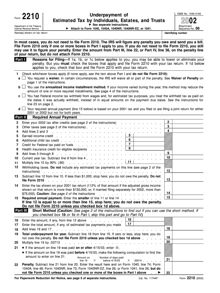 Form 2210 Fill In Version Underpayment Of Estimated Tax By Individuals 