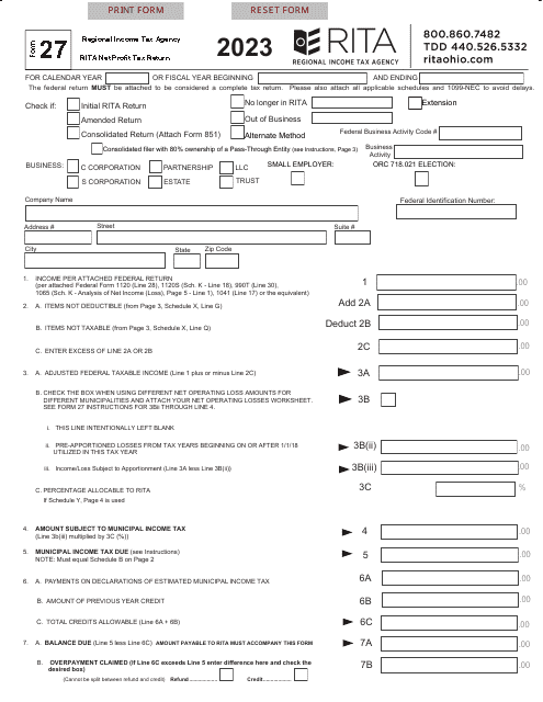 Form 27 Download Fillable PDF Or Fill Online Rita Net Profit Tax Return