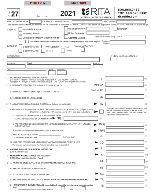 Form 27 Download Fillable PDF Or Fill Online Rita Net Profit Tax Return 