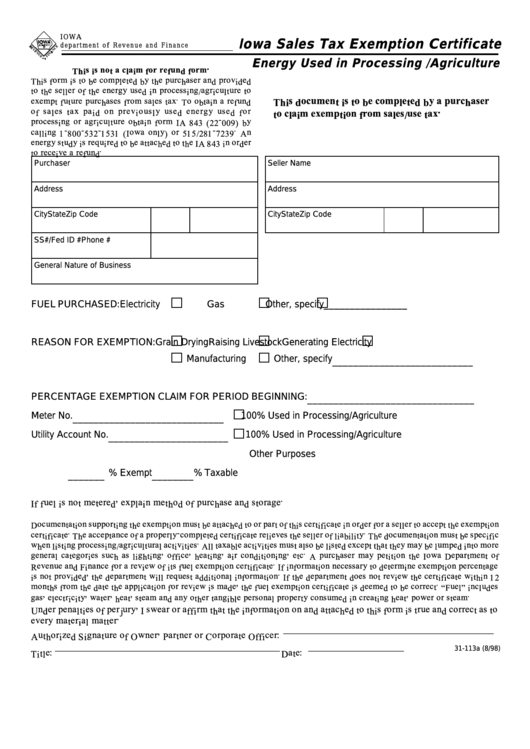 Form 31 113b Iowa Sales Tax Exemption Certificate Energy Used In 