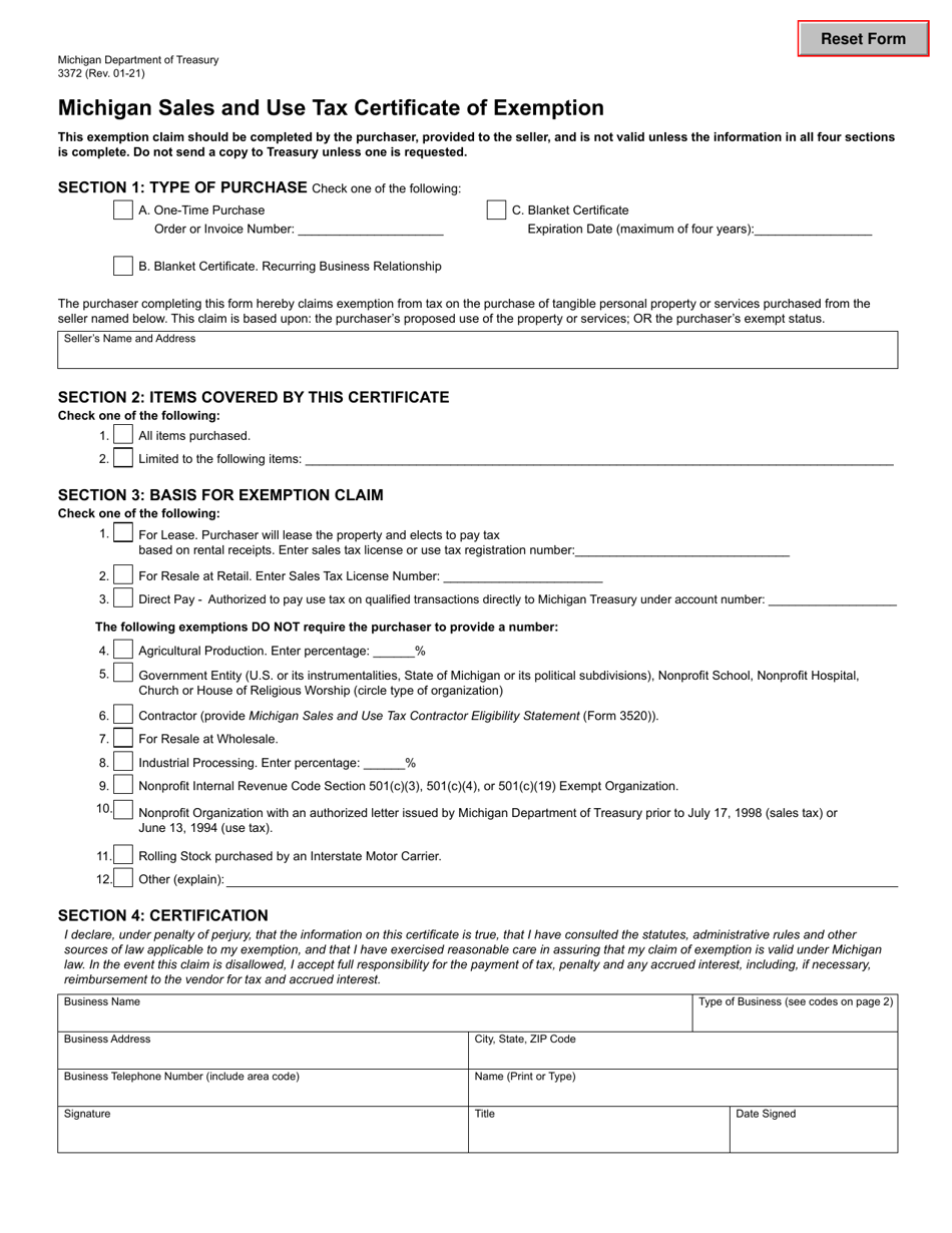 Form 3372 Download Fillable PDF Or Fill Online Michigan Sales And Use 