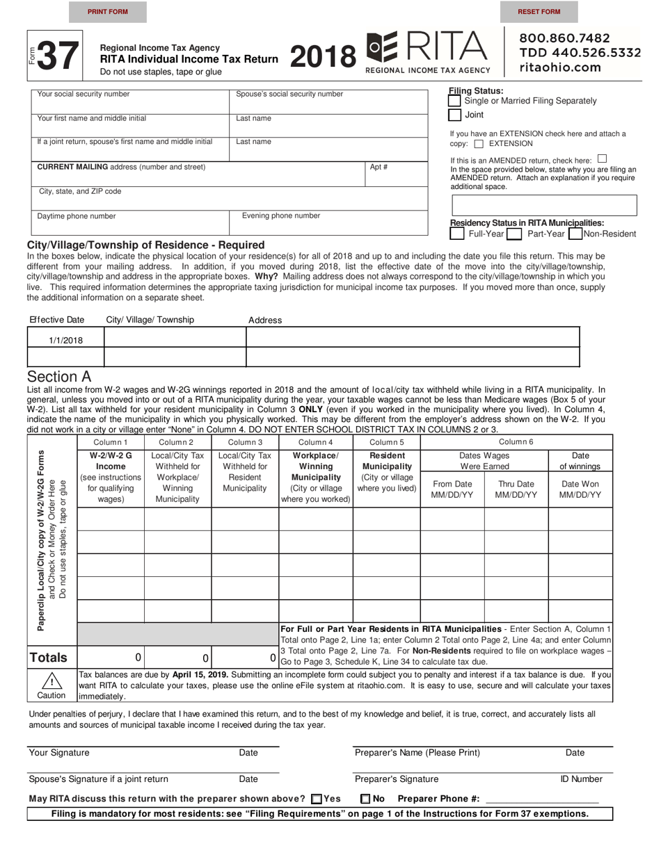 Form 37 Download Fillable PDF Or Fill Online Rita Individual Income Tax 