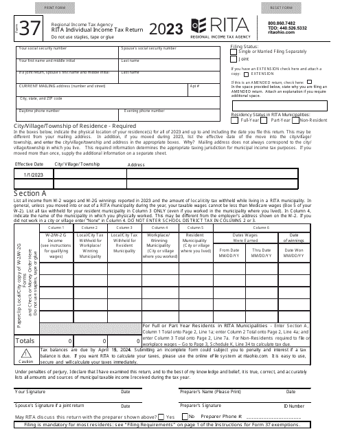 Form 37 Download Fillable PDF Or Fill Online Rita Individual Income Tax Form 37 Download Fillable PDF Or Fill Online Rita Individual Income Tax