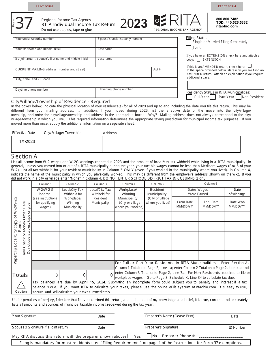 Form 37 Download Fillable PDF Or Fill Online Rita Individual Income Tax 