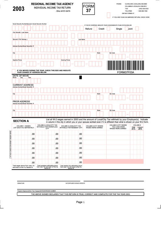 Form 37 Regional Income Tax Agency Cleveland 2003 Printable Pdf 