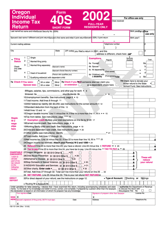 Form 40s Oregon Individual Income Tax Return 2002 Printable Pdf 