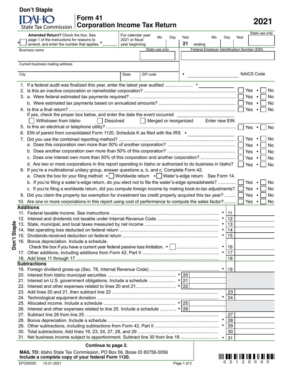Form 41 EFO00025 Download Fillable PDF Or Fill Online Corporation 