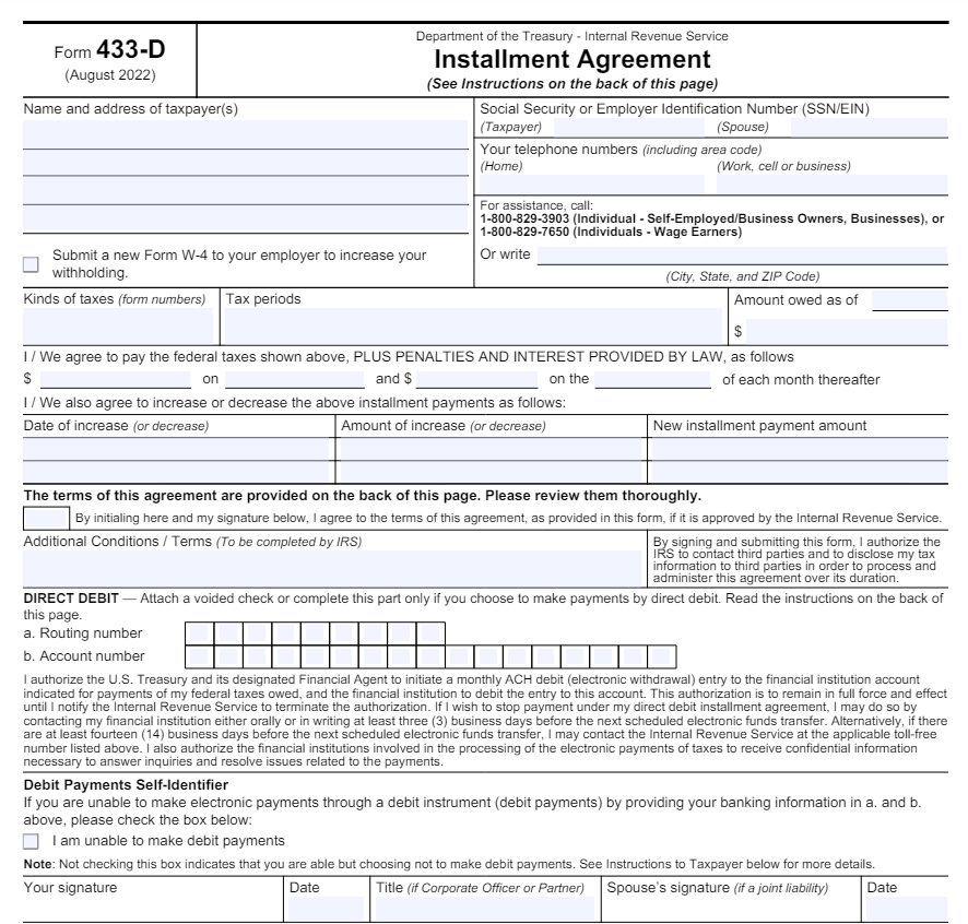 Form 433 D Setting Up Direct Debit Installment Agreements With IRS