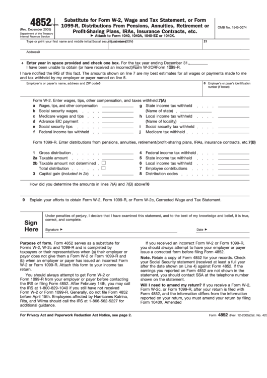 Form 4852 Income Tax Return Internal Revenue Service Department 
