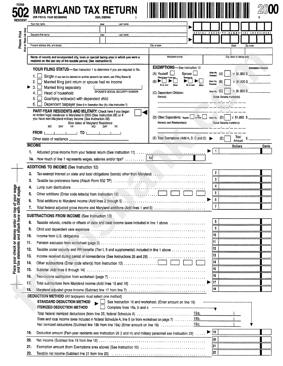 Form 502 Maryland Tax Return 2000 Printable Pdf Download