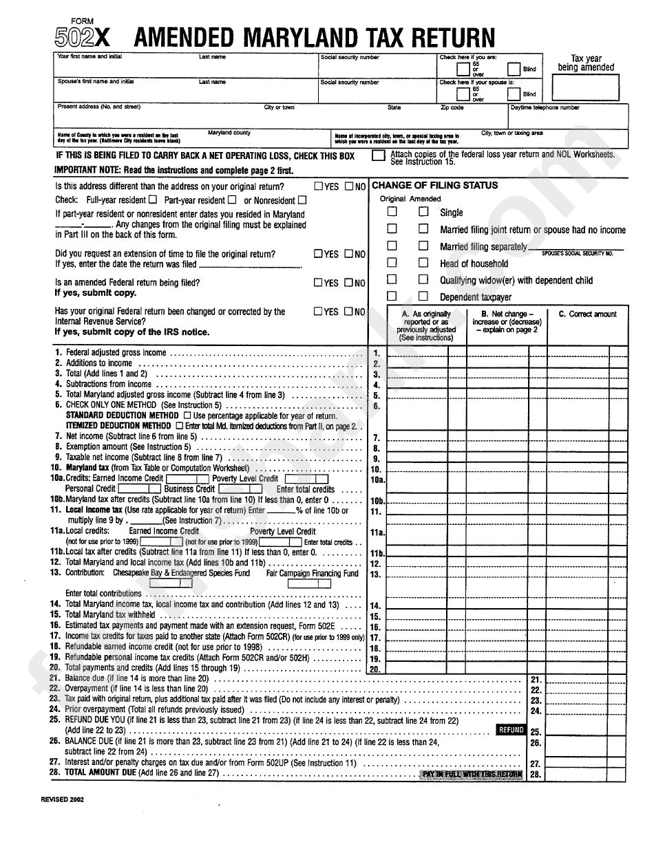 Form 502x Amended Maryland Tax Return Printable Pdf Download
