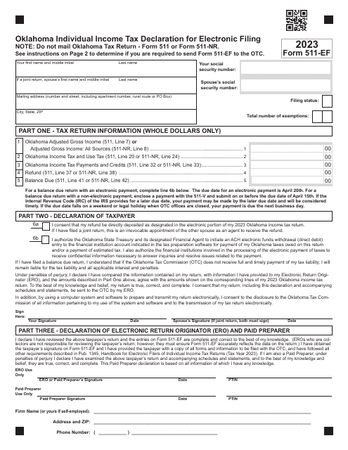 Form 511 EF Download Fillable PDF Or Fill Online Oklahoma Individual 