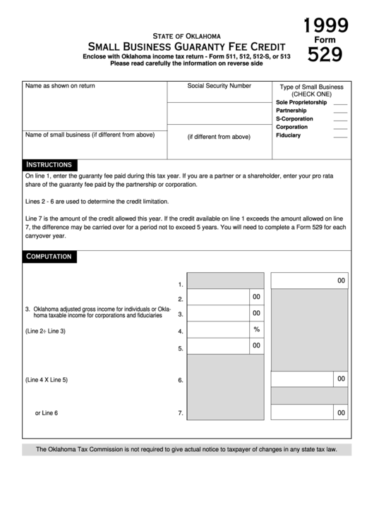 Form 529 Small Business Guaranty Fee Credit 1999 Printable Pdf Download