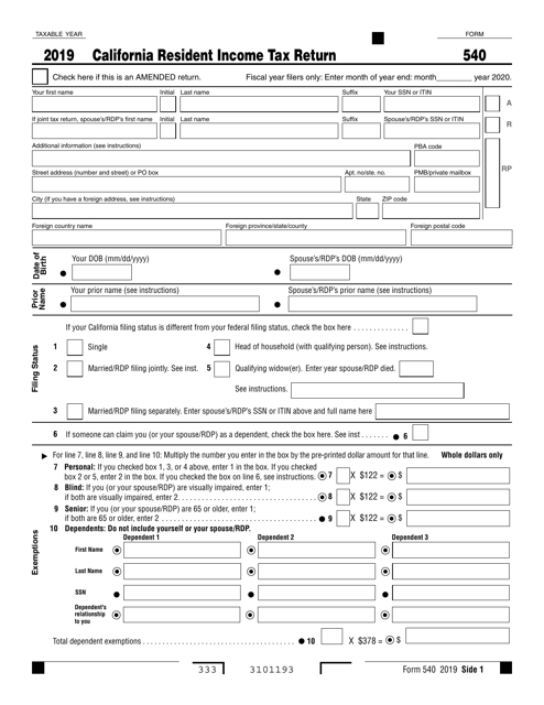 Form 540 2019 Fill Out Sign Online And Download Fillable PDF 