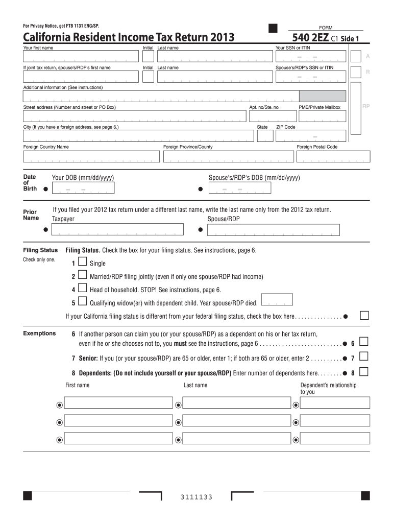 Form 540 2EZ California Resident Income Tax Return Ft Ca Fill Out And 