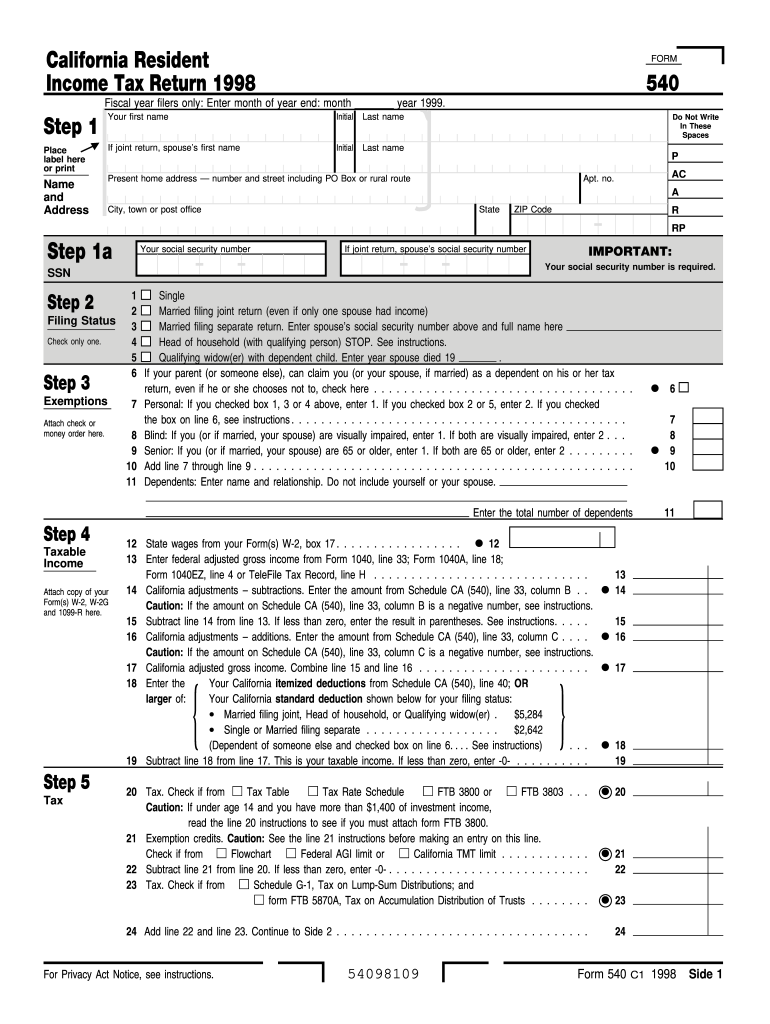 Form 540 California Resident Income Tax Return Fill Out And Sign 