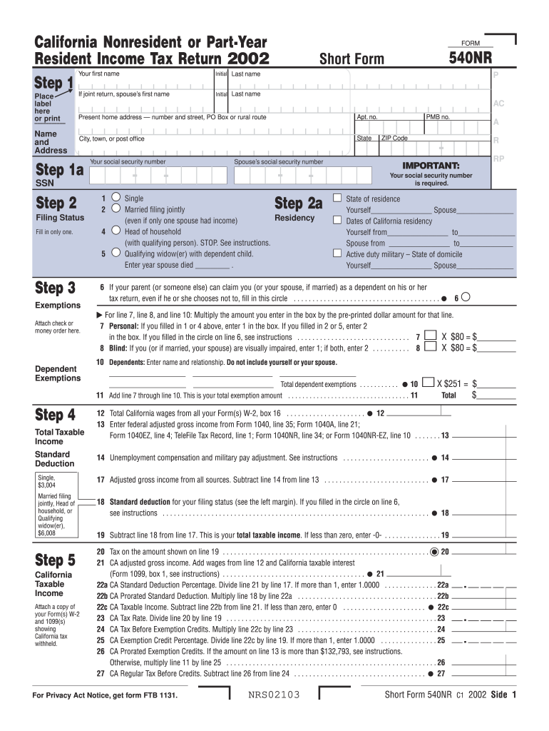 Form 540NR California Nonresident Or Part Year Resident Income Tax 