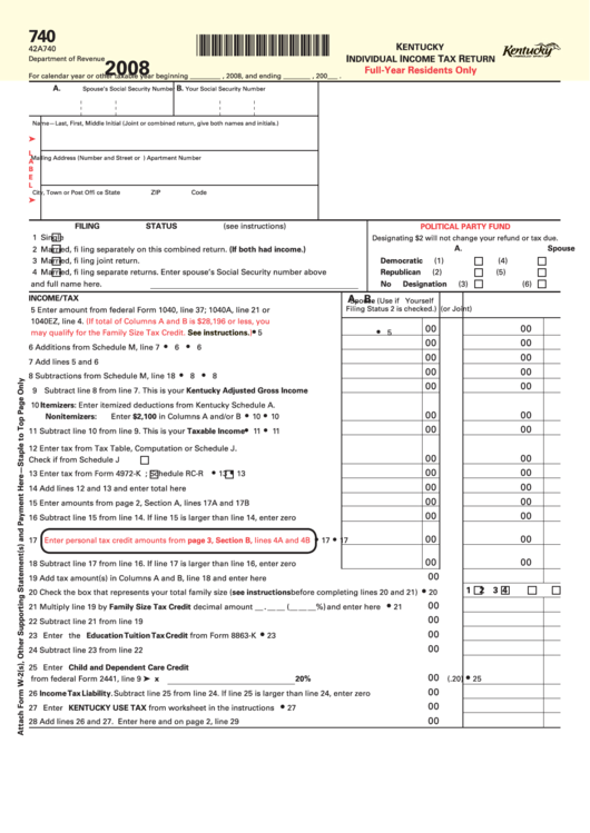 Form 740 Kentucky Individual Income Tax Return 2008 Printable Pdf