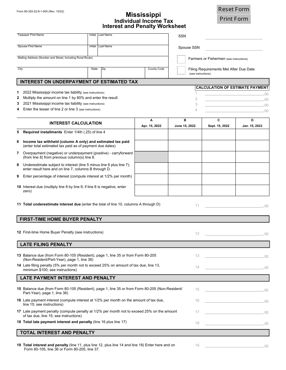 Form 80 320 Download Fillable PDF Or Fill Online Mississippi Individual 