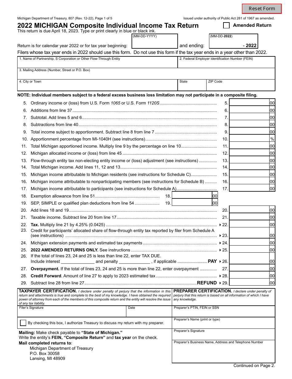 Form 807 Download Fillable PDF Or Fill Online Michigan Composite 