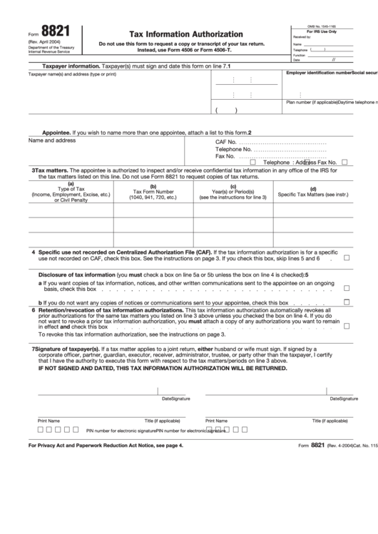 Form 8821 Tax Information Authorization Printable Pdf Download