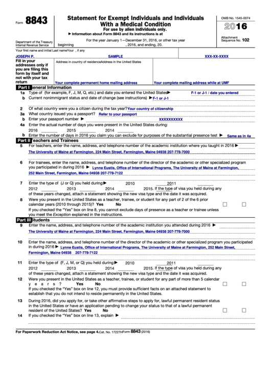 Form 8843 Fillable Printable Forms Free Online