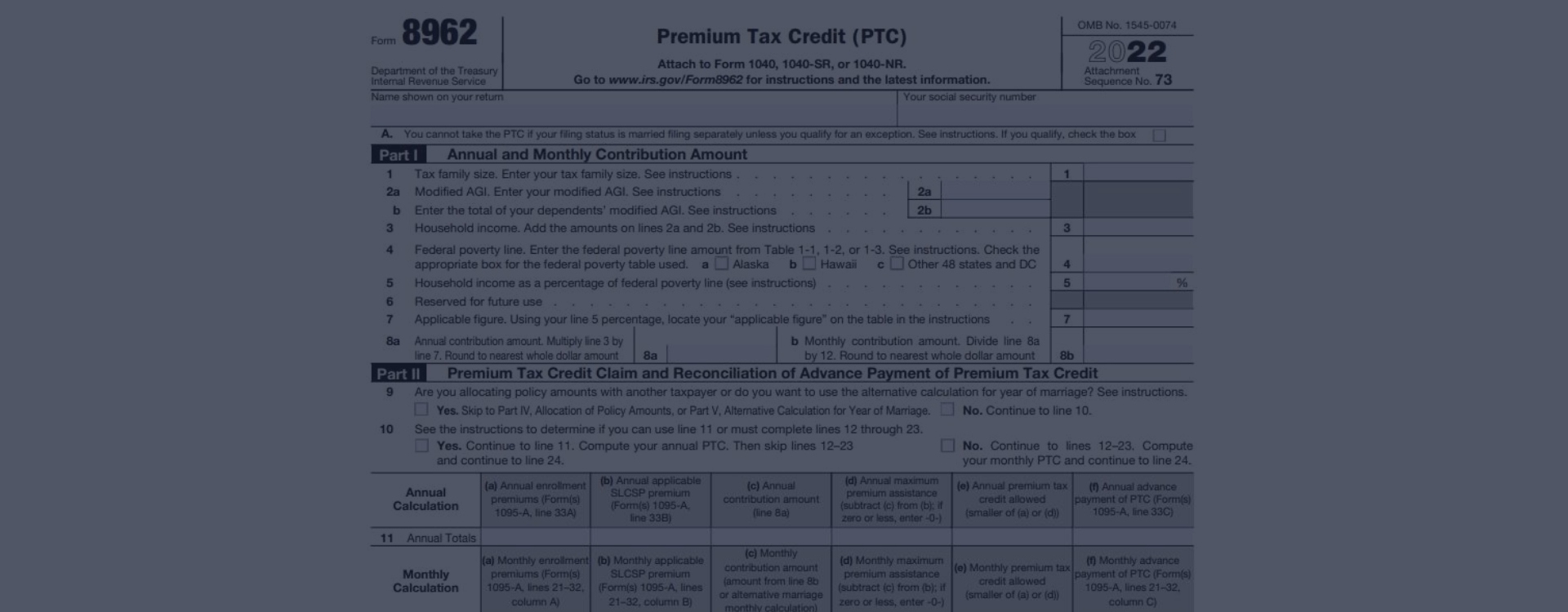 Form 8962 Printable IRS 8962 Form For 2023 Premium Tax Credit 
