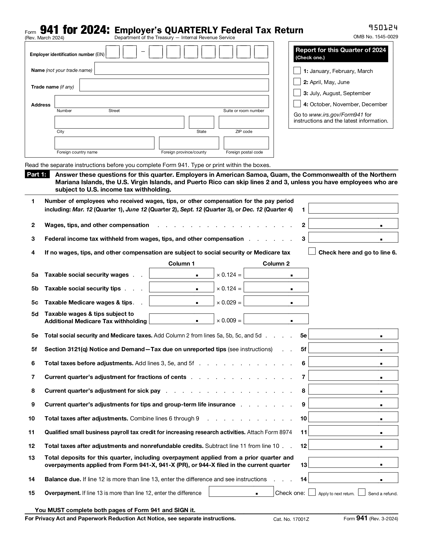 Form 941 Employer s Quarterly Federal Tax Return EForms