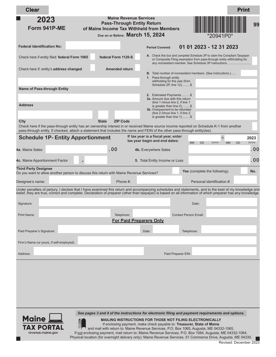 Form 941P ME Download Fillable PDF Or Fill Online Pass Through Entity 