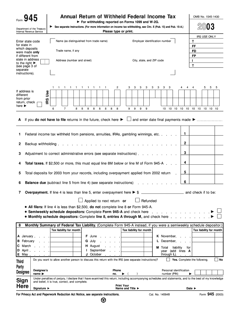 Form 945 Annual Return Of Withheld Federal Income Tax For Withholding 