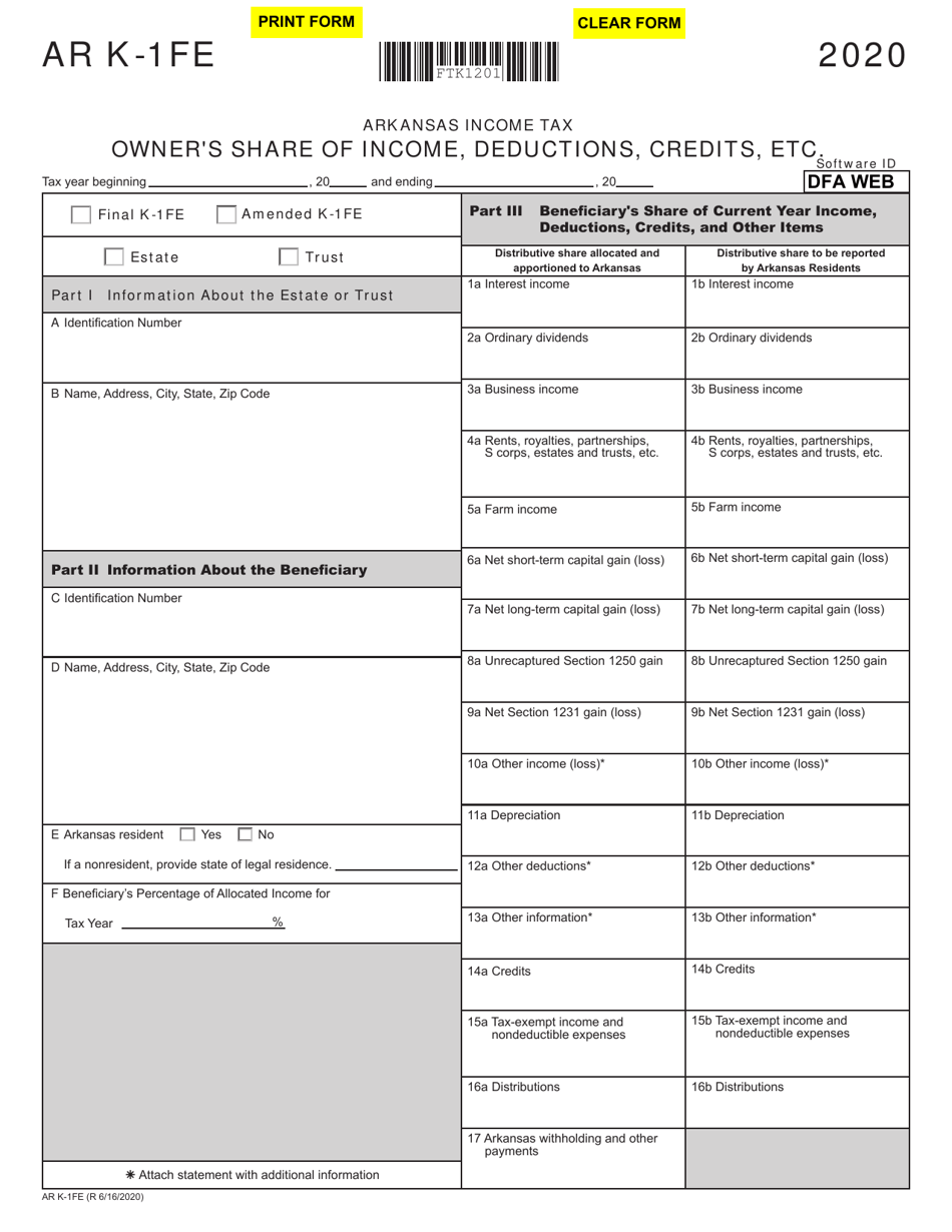 Form AR K 1FE 2020 Fill Out Sign Online And Download Fillable PDF