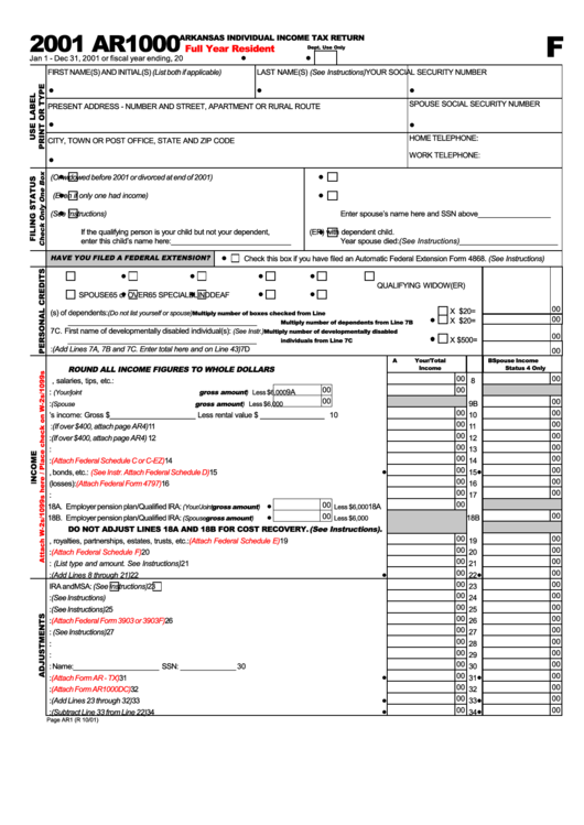 Form Ar1000 Arkansas Individual Income Tax Return Full Year Resident 