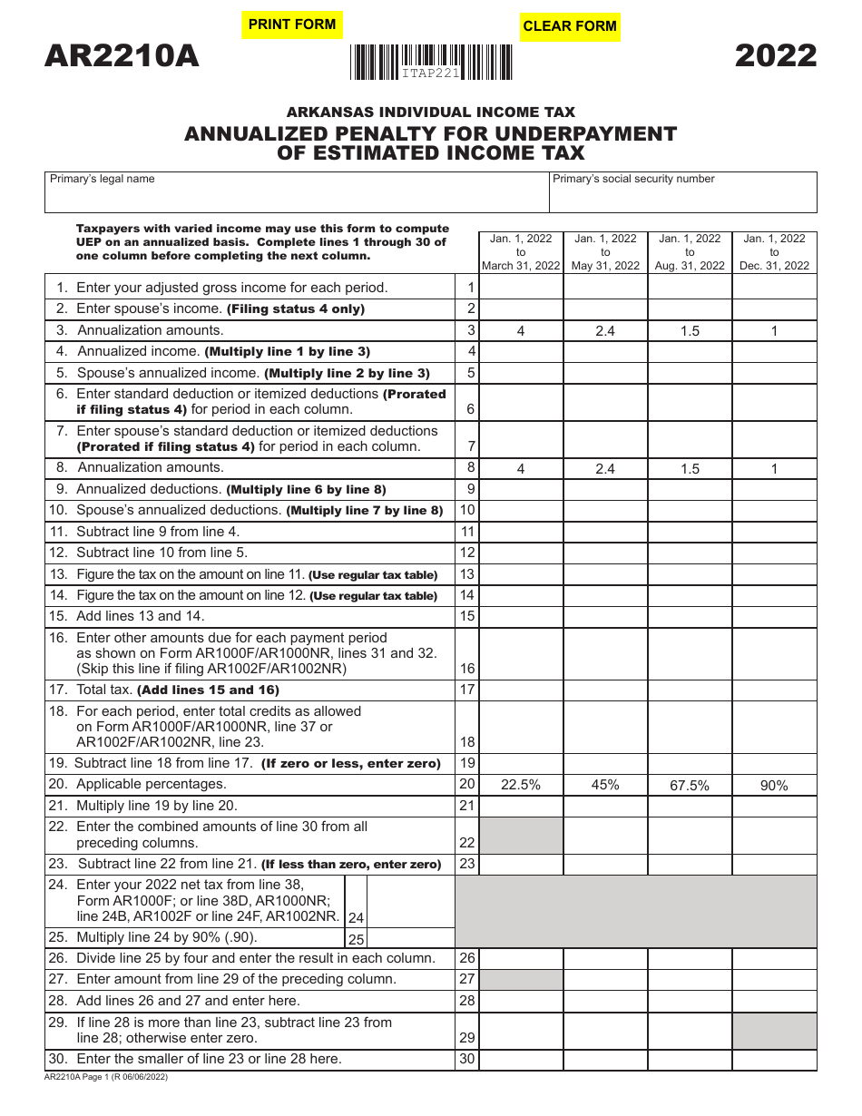 Form AR2210A Download Fillable PDF Or Fill Online Arkansas Individual 