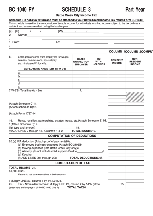Form Bc 1040 Py Schedule 3 Battle Creek City Income Tax Printable 