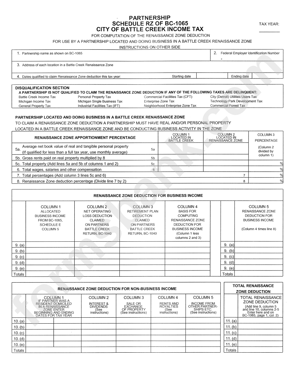 Form Bc 1065 Schedule Rz Income Tax City Of Battle Creek Printable 
