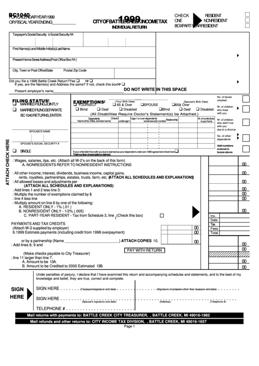 Form Bc1040 City Of Battle Creek Income Tax Individual Return 1999